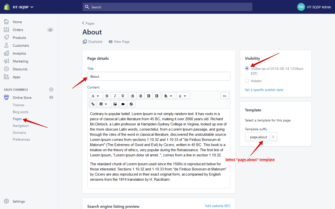 create a page in Shopify