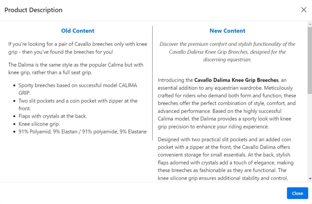 STS added to a product description