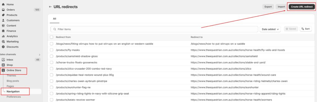 the Shopify redirect option