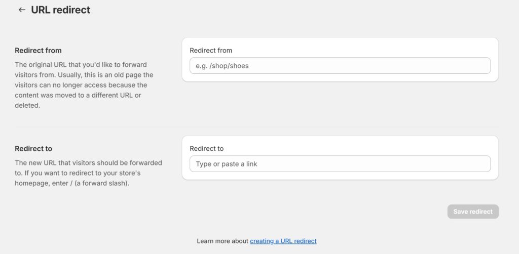 Shopify URL redirect dasboard