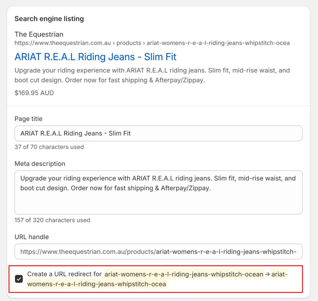 redirect checkbox on a shopify product editing page
